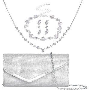 4 Pieces Silver Jewelry Set with Clutch Women Evening Rhinestone Jewelry Bling